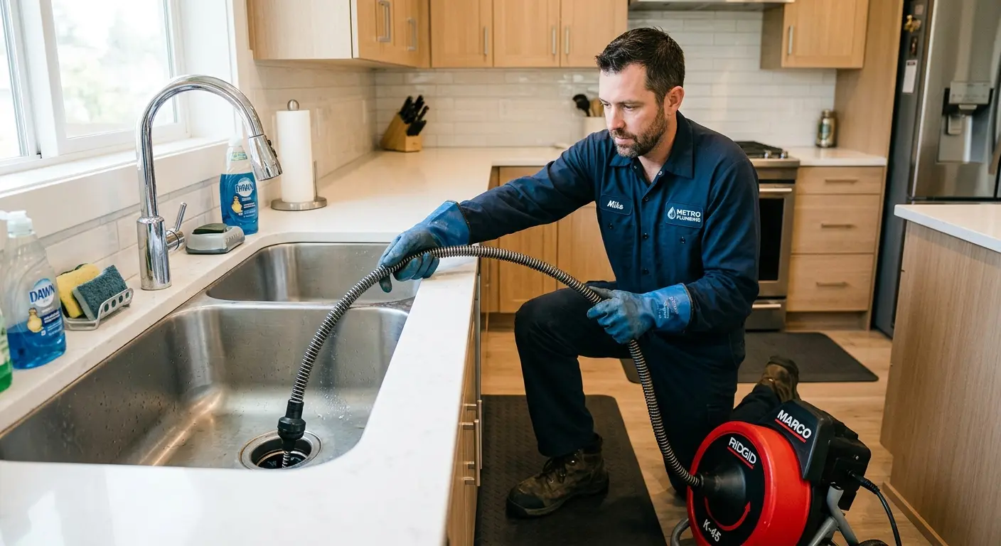 Drain cleaning technician using a motorized snake on a kitchen sink in Michigan City