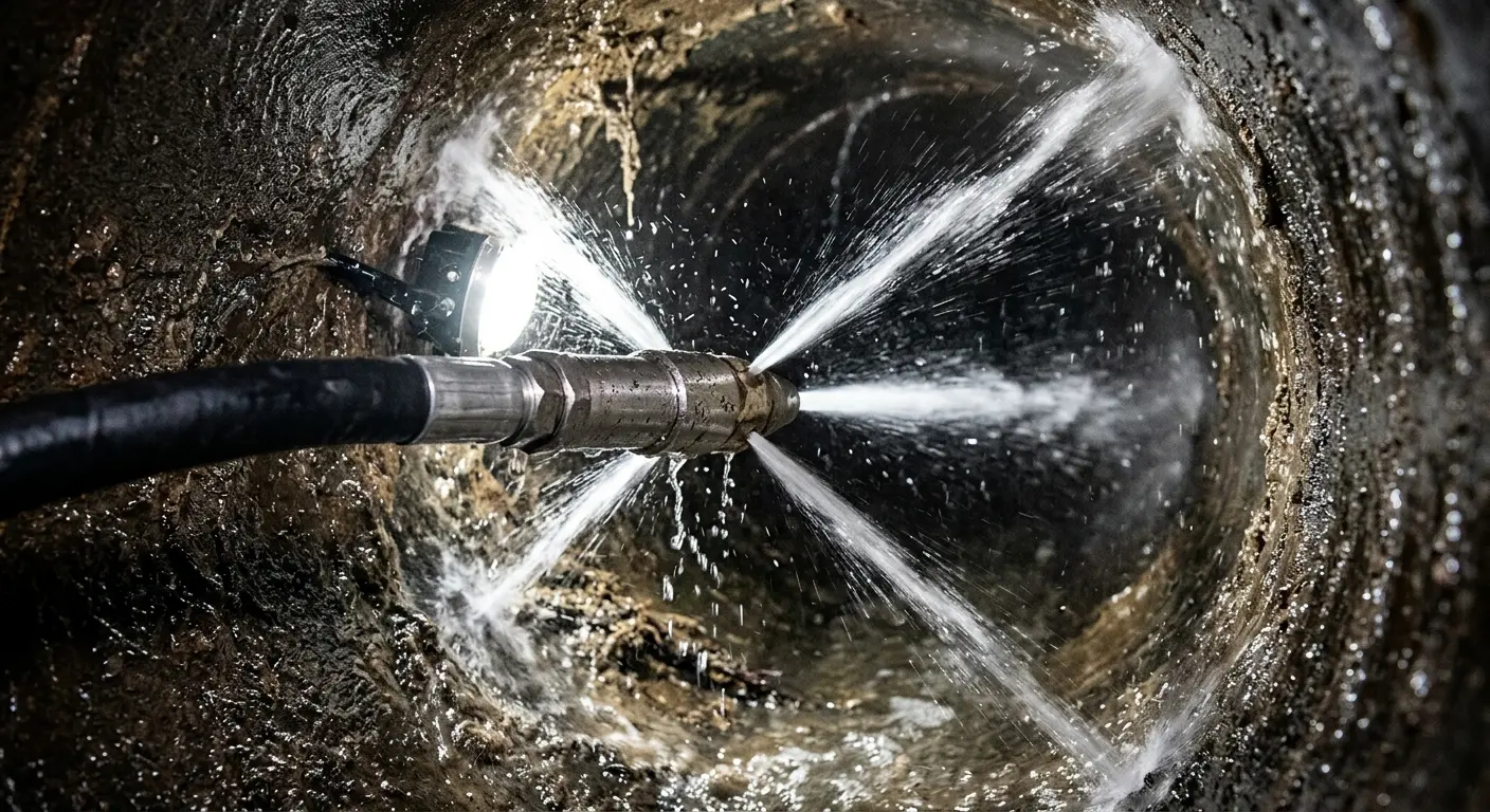 High-pressure hydro jetting nozzle cleaning sewer pipe for Trenchless Sewer Repair in Michigan City