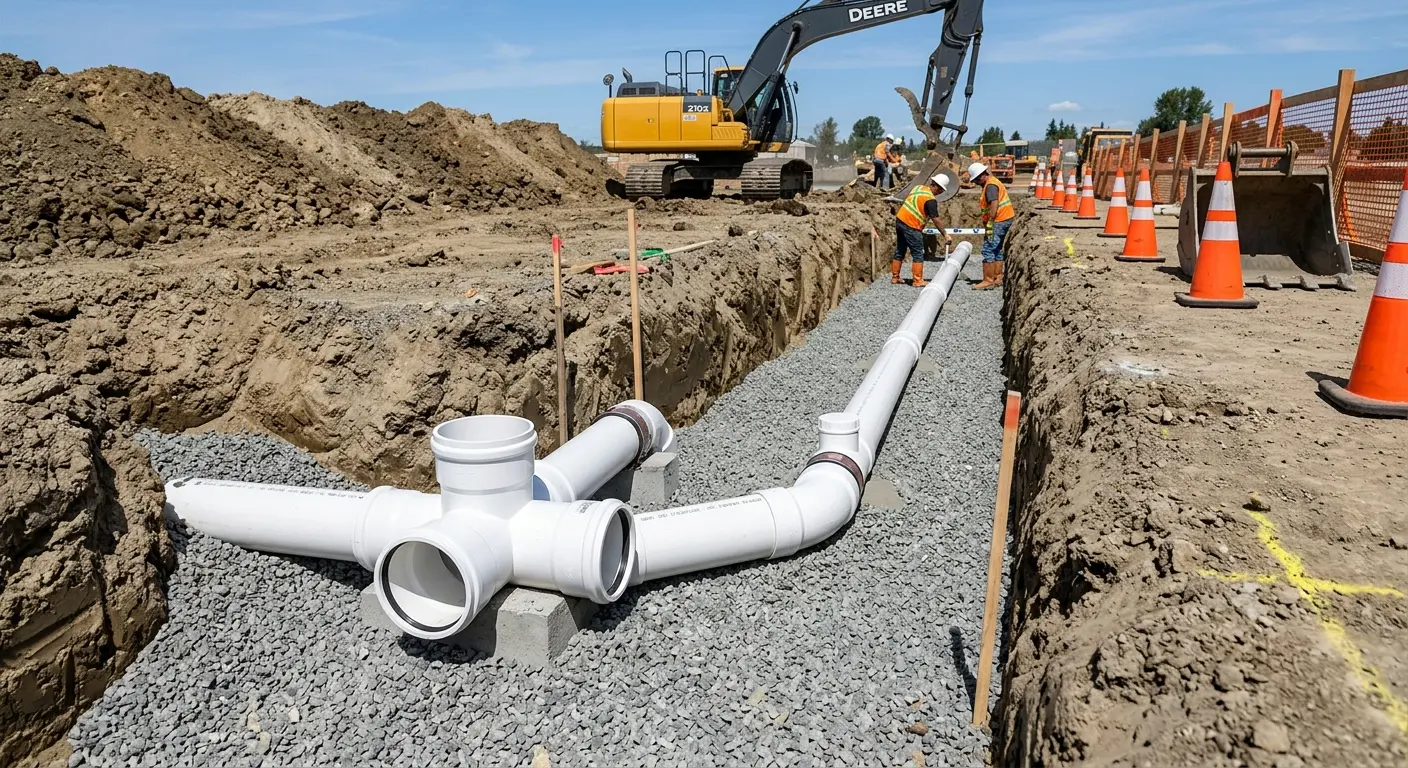 New PVC sewer pipe installation in open trench for Grease Trap Cleaning in Michigan City