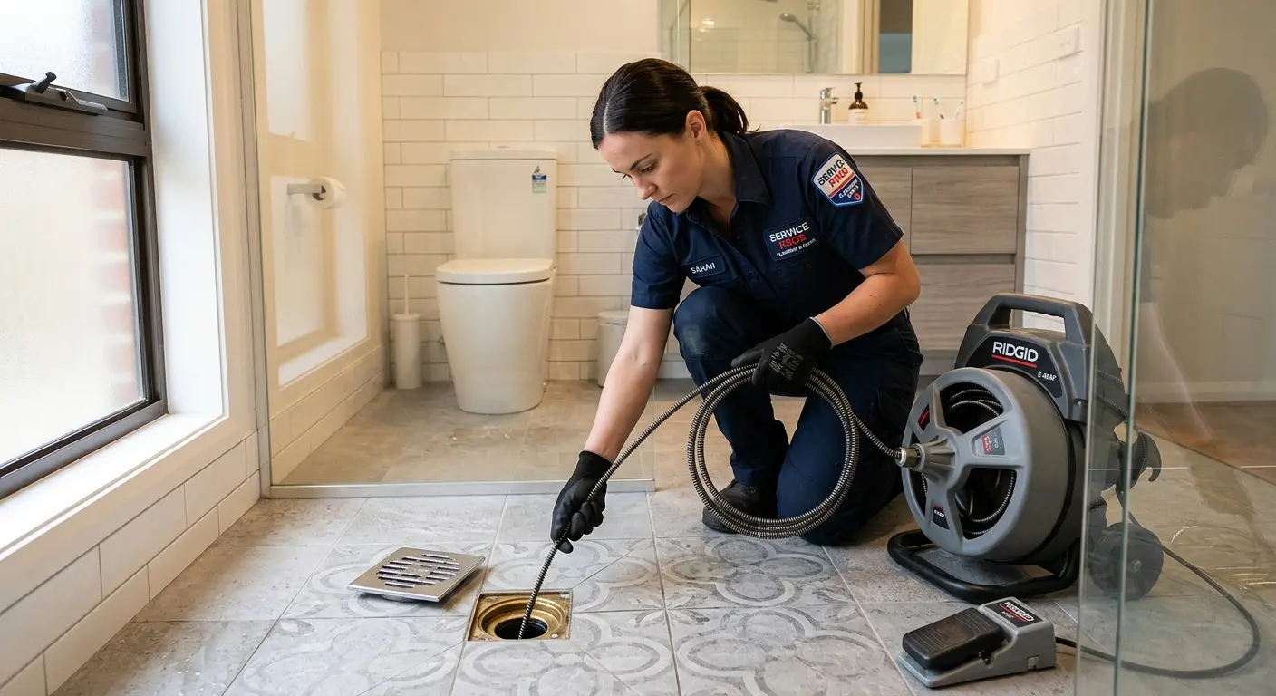 Technician clearing a bathroom floor drain for Sewer Line Installation in Michigan City
